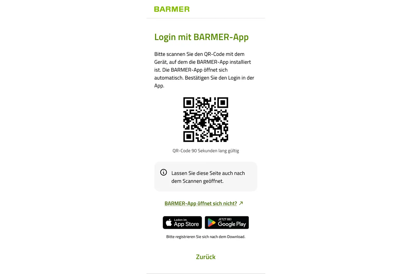 Zu sehen ist ein Screenshot eines QR-Code-Fehlers der BARMER-App "Meine BARMER"