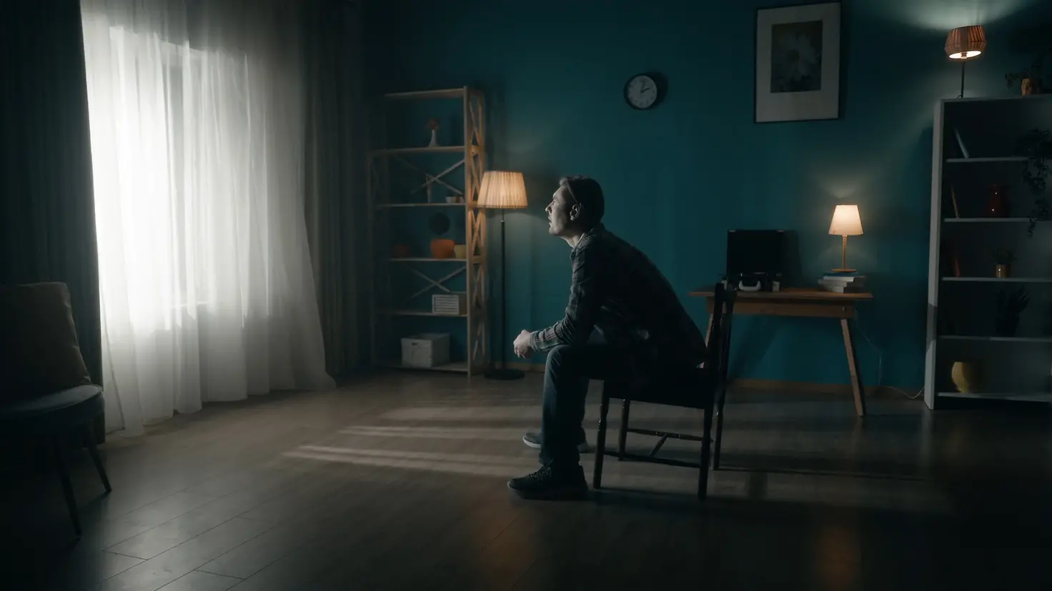 Zu sehen ist ein einsamer Mann, der in einem dunklen Zimmer sitzt und zum gardinenverhangenen Fenster sieht