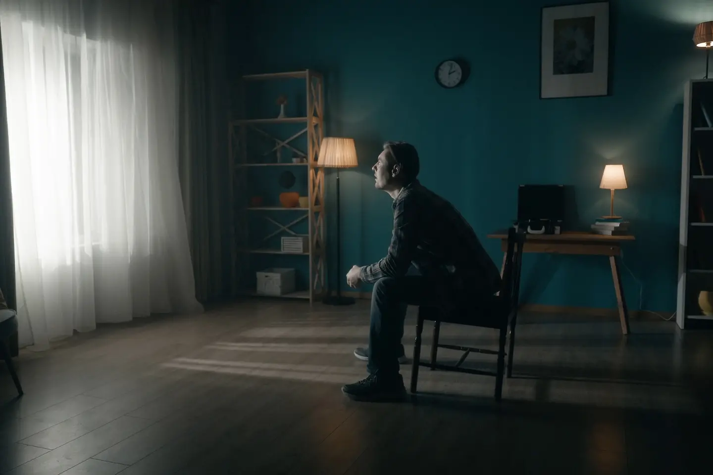 Zu sehen ist ein einsamer Mann, der in einem dunklen Zimmer sitzt und zum gardinenverhangenen Fenster sieht