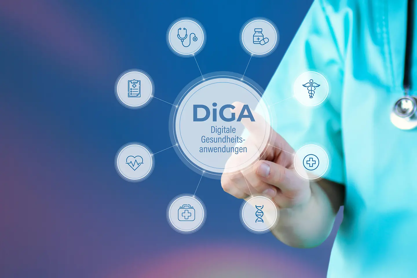 Zu sehen ist ein Mann mit Stethoskop, der auf eine stilisierte Grafik Digitale Gesundheitsanwendungen zeigt