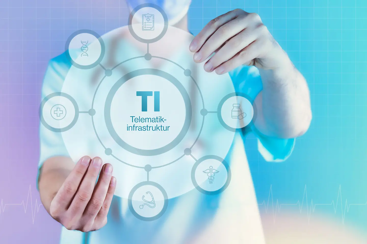 Zu sehen ist eine Person, die eine stilisierte Grafik Telematik Infrastruktur in Händen hält