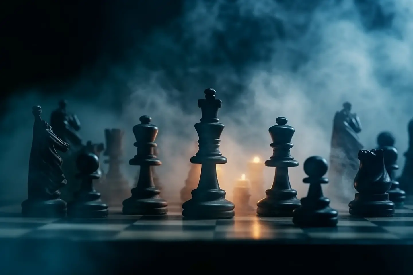 Zu sehen auf diesem AI komponierten Bild sind riesengroße Schachfiguren, der König in der Mitte. Qualm wabert im Hintergrund vor Kerzen.