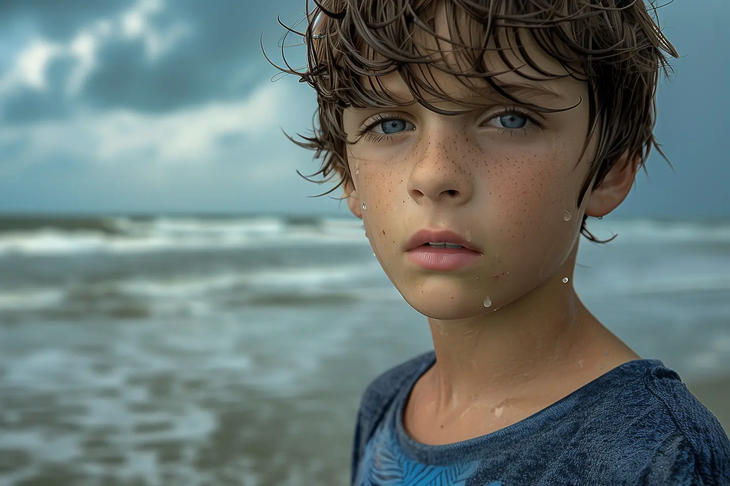 Zu sehen auf diesem AI generierten Bild ist ein Junge mit Wassertropfen im Gesicht, der vor einem Meer/Ozean steht.