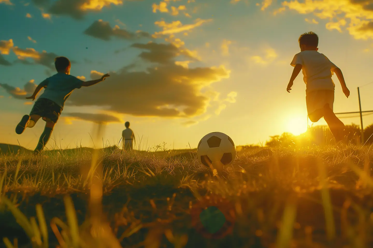 Zu sehen auf diesem AI generierten Bild ist eine Abendsituation wo vor untergehender Sonne drei Kinder Fußball auf einer Wiese spielen. 