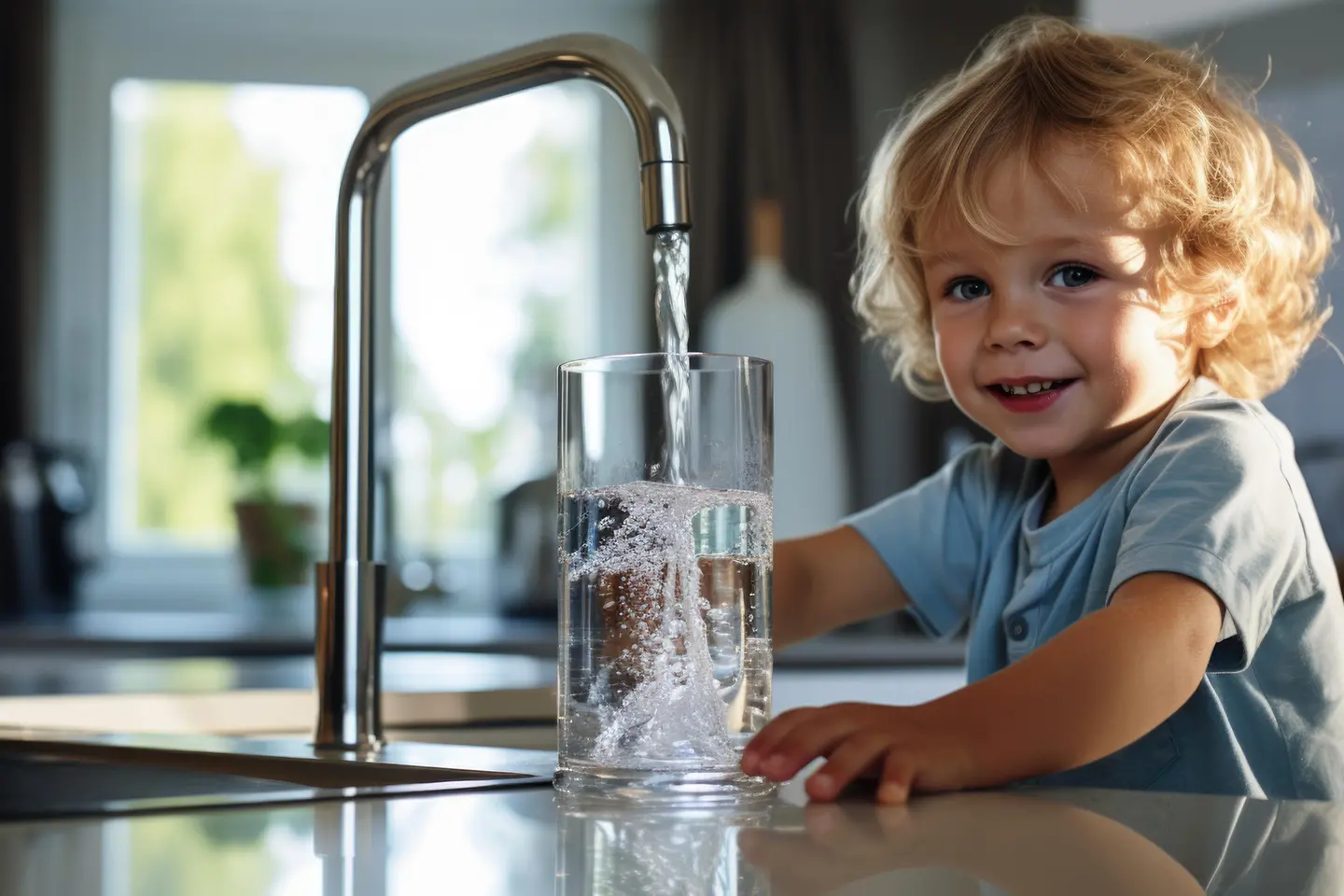Zu sehen auf diesem AI generierten Bild ist ein dem Betrachter zugewandtes Kind, das sich gerade ein Glas Wasser am Wasserhahn füllt.