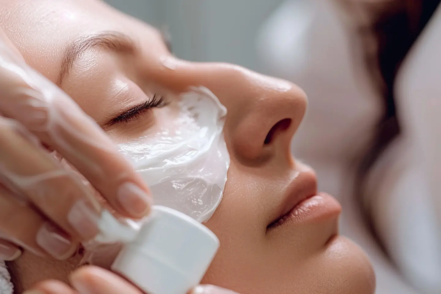 Auf diesem Bild zu sehen ist ein weibliches Gesicht im Profil. Die rechte Wange wird mit einer weißen, deckenden Creme bestrichen.