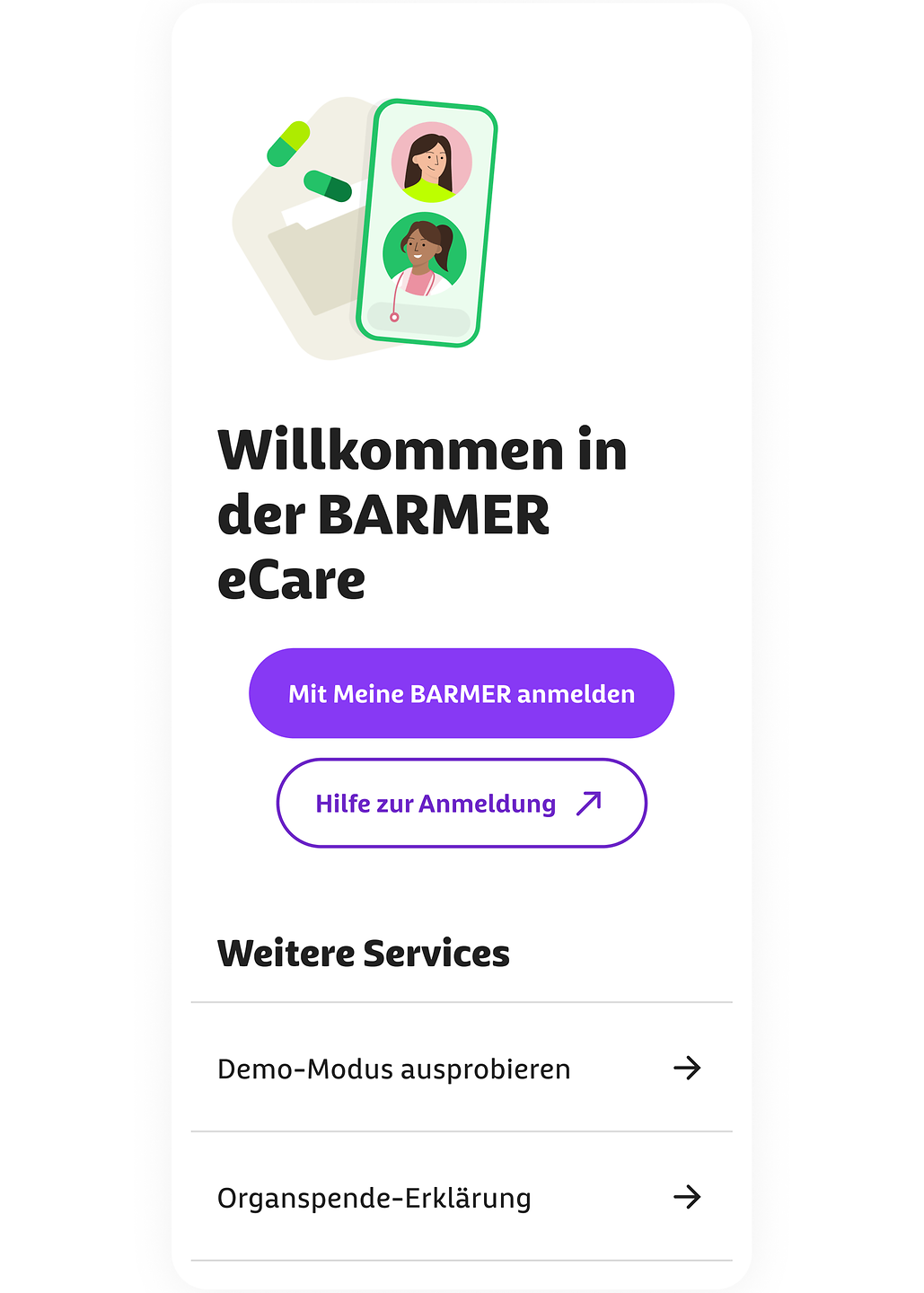 Die Grafik zeigt den Welcome-Screen der eCare-App