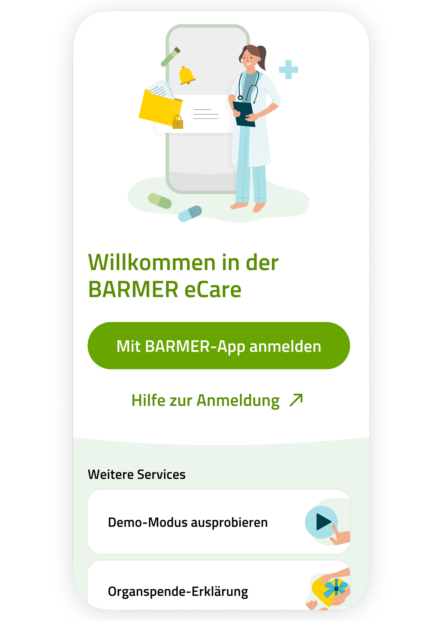 Die Grafik zeigt den Welcome-Screen der eCare-App