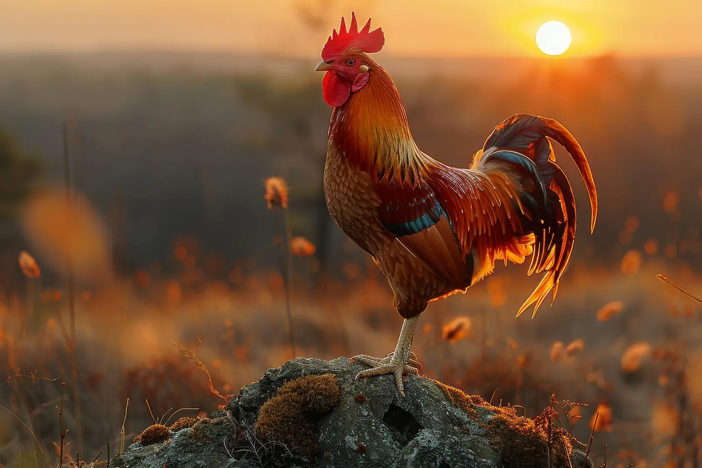 Zu sehen auf diesem KI generierten Bild ist ein Hahn, der auf einem leicht bemoosten Stein auf einer Wiese steht. Im Hintergrund geht gerade die Sonne auf. 
