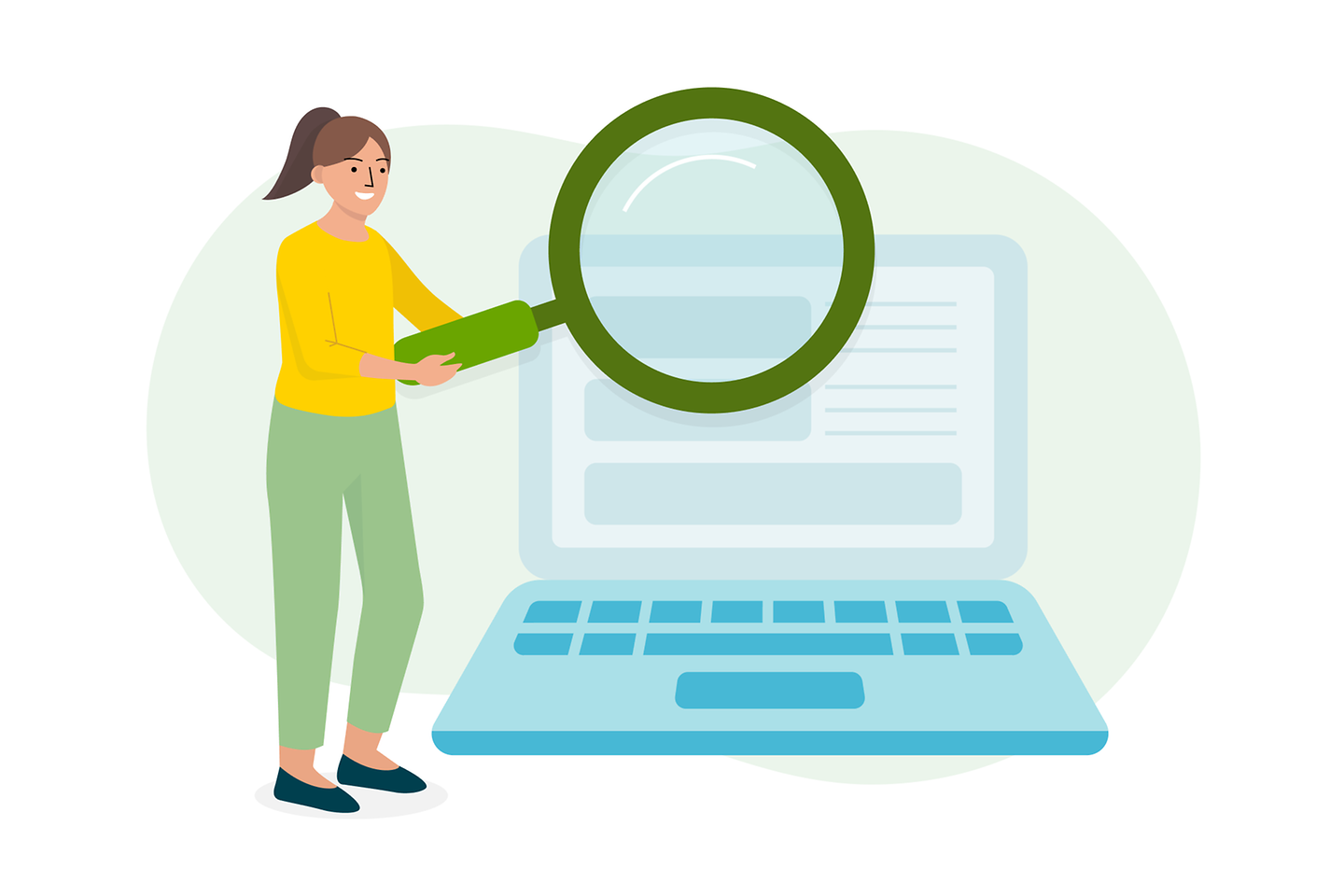 Frau mit Lupe vor einem Laptop