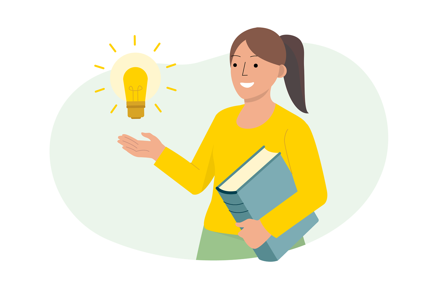 Frau mit Glühbirne in der Hand und Buch unterm Arm