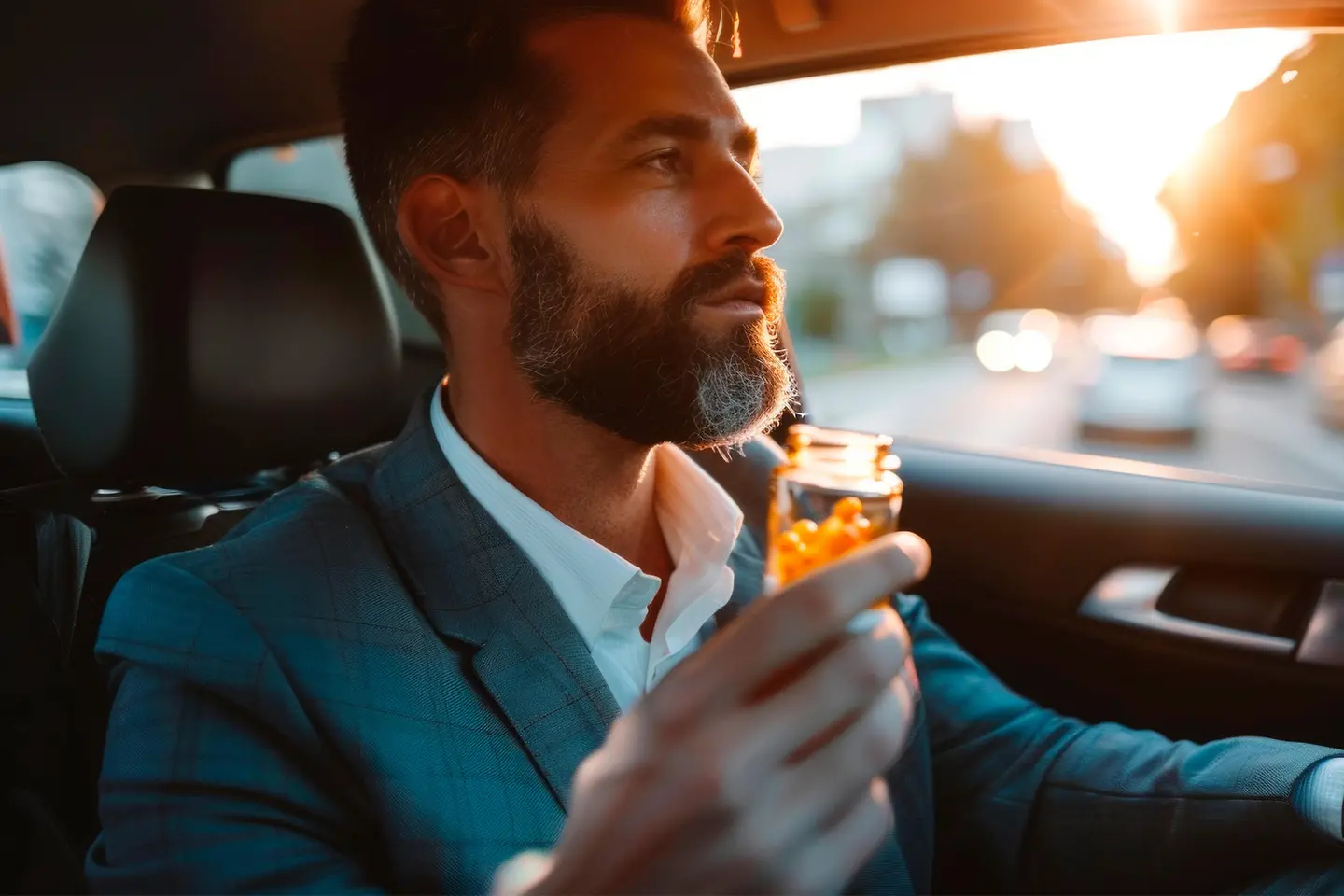 Zu sehen auf diesem KI generierten Bild ist ein Mann, der hinter dem Lenkrad eines Autos sitzt. Er schaut geradeaus. In seiner rechten Hand befindet sich eine geöffnetes Gläschen mit Pillen. 