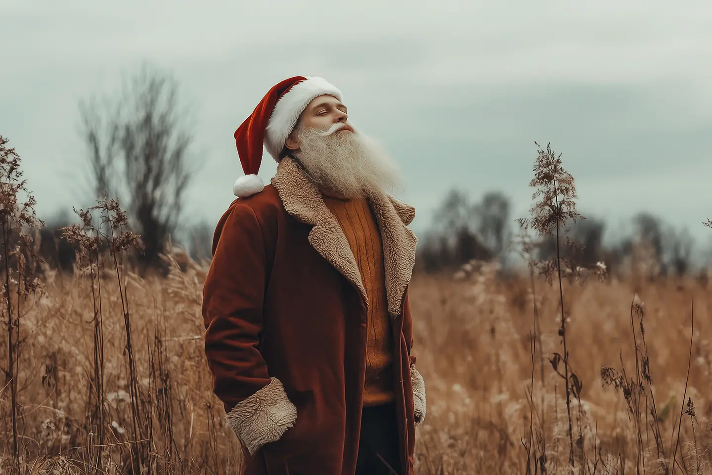 Auf dem Bild zu sehen ist ein Mann im Weihnachtsmannkostüm inklusive angeklebtem weißen Bart, der in der Natur steht, den Kopf in den Nacken gelegt hat, die Hände in den Mantelaschen und genießend die Augen geschlossen hält.