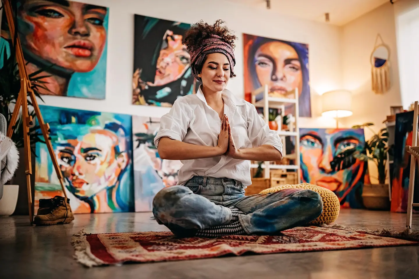 Eine Künstlerin meditiert in ihrem Atelier