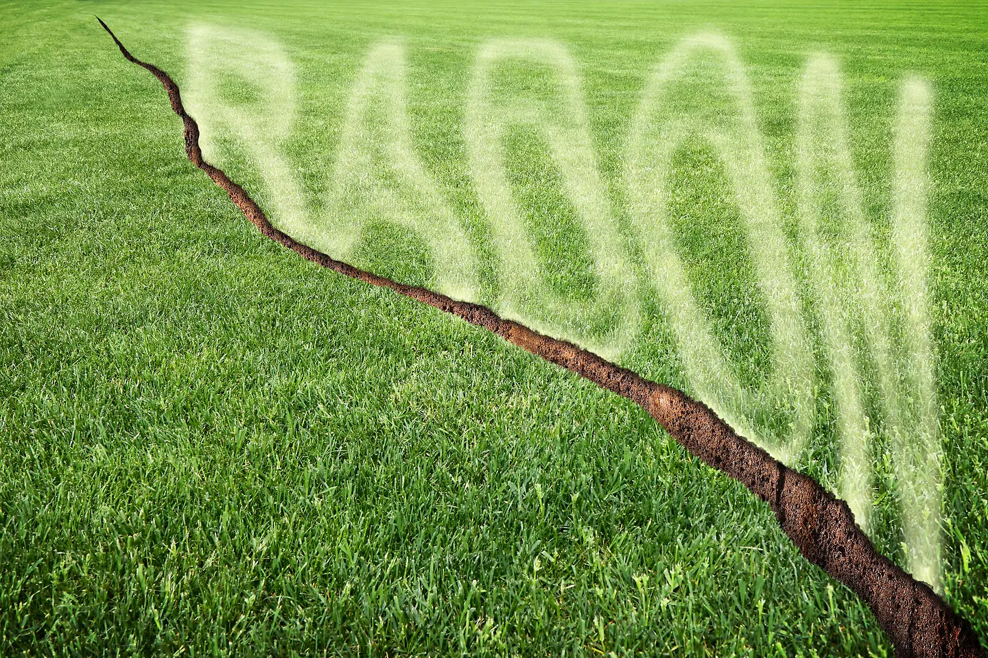 Zu sehen auf diesem Ki generierten Bild ist eine Wiese, auf der sich ein tiefer Spalt auftut. Daraus aufsteigend als transparenter Qualm ist das Wort "Radon" zu lesen.