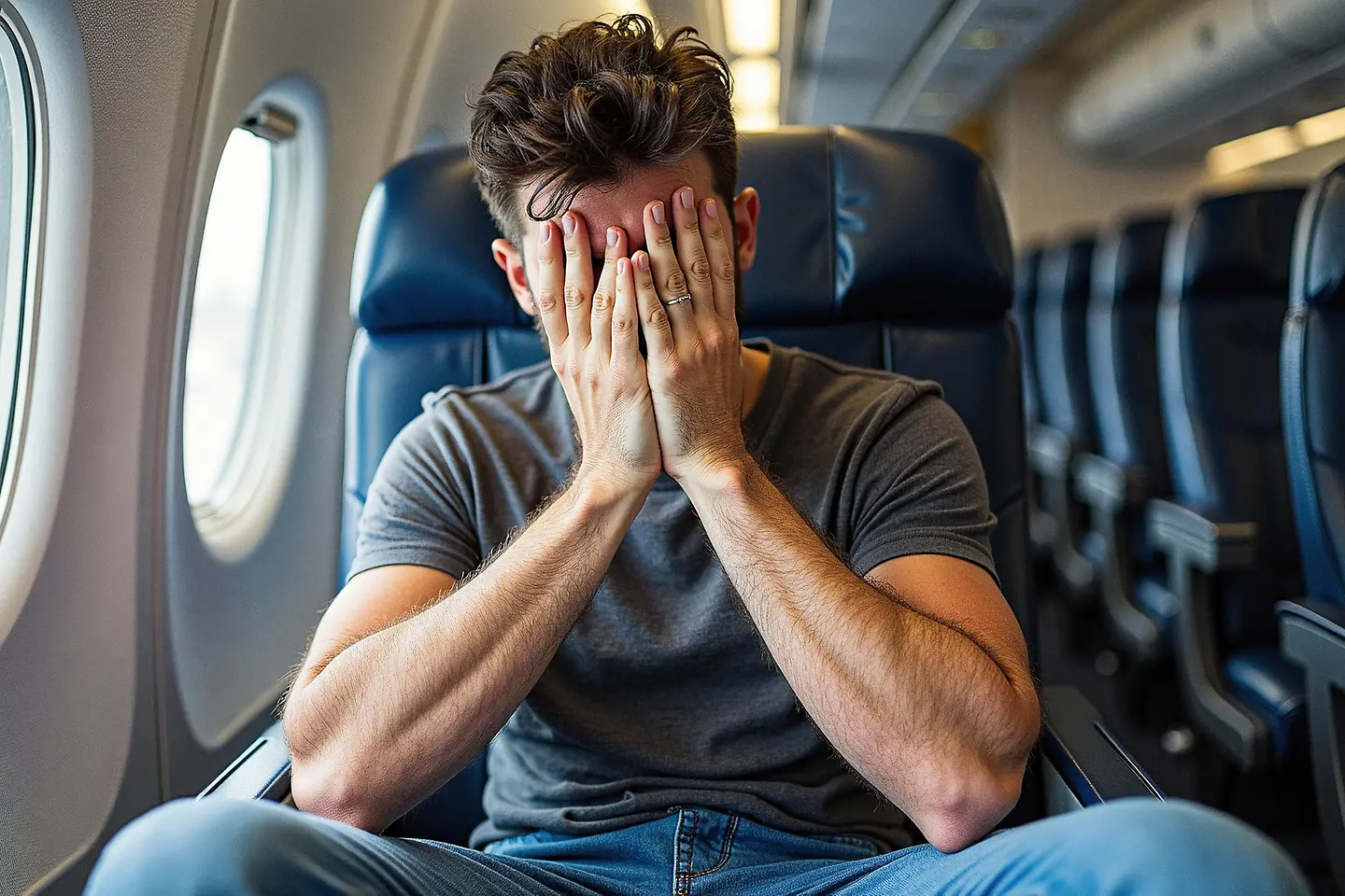 Auf dem Bild zu sehen ist ein Mann, der sich beide Hände vors Gesicht hält. Er sitzt in einem Flugzeug.
