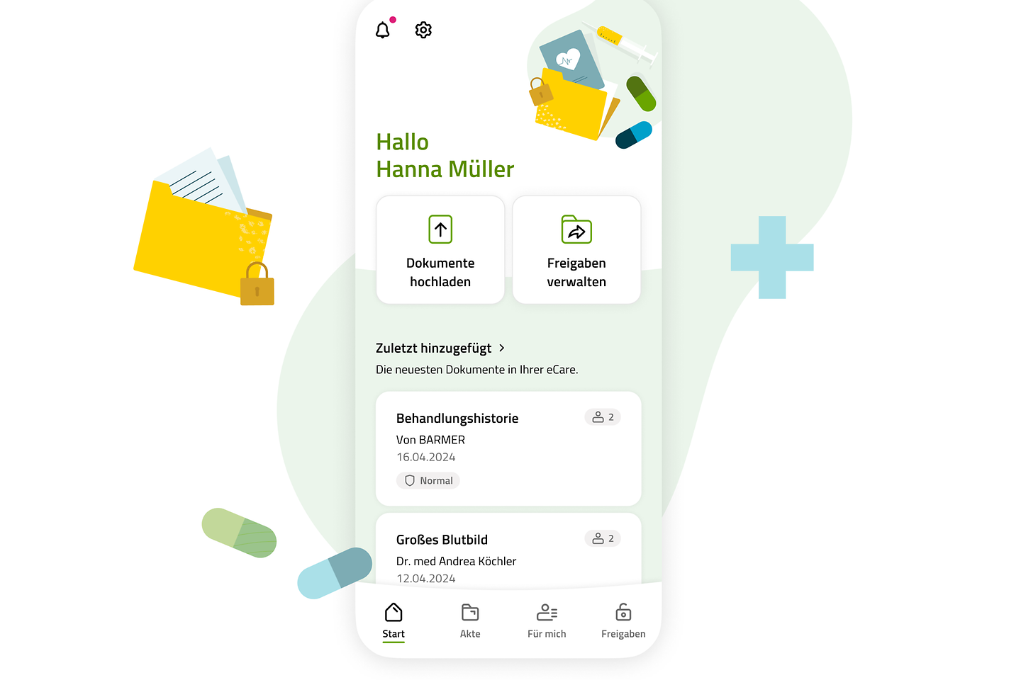 Die Grafik zeigt einen Ausschnitt aus der eCare-App zum Thema Akte