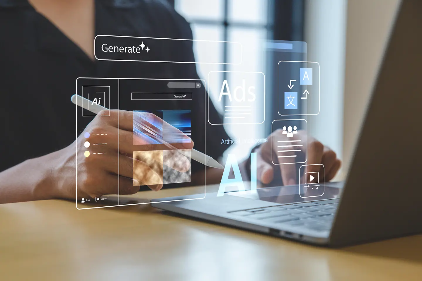 Eine Person sitzend vor einem Laptop, im Raum davor tauchen verschiedene Hinweise auf KI auf.