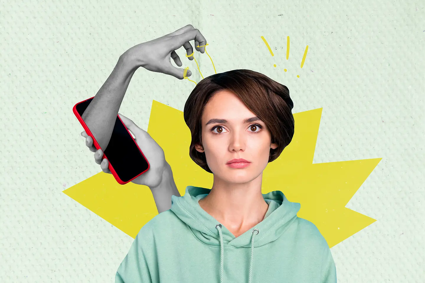 Zu sehen auf dieser Illustration ist eine Frau, die erstaunt in die Kamera blickt. Über ihren Kopf: eine Hand die auf einem Smartphone kommt und ihren Kopf, ihre Gedanken manipuliert.