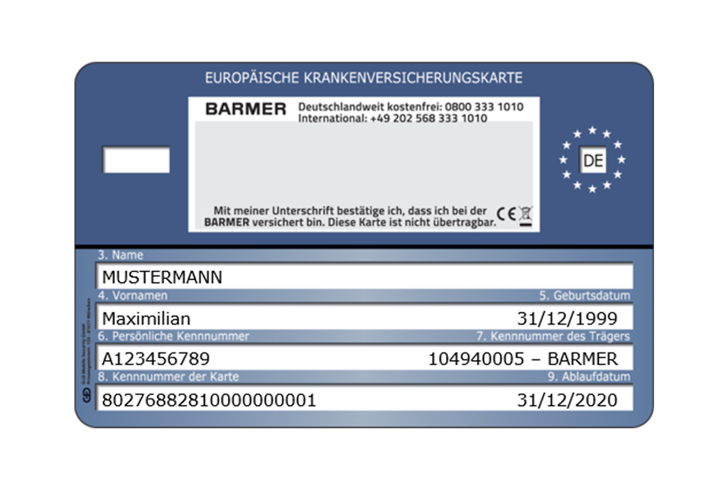 Musterabbildung der Europäischen Krankenversichertenkarte (EHIC)