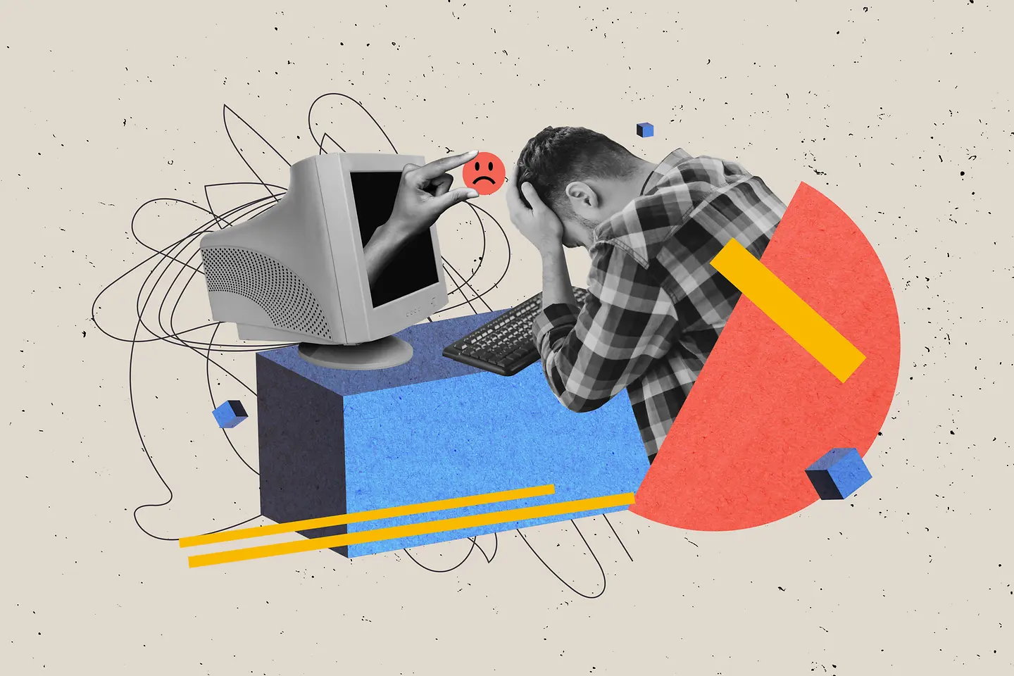 Auf der Illustration ist ein Mann zu sehen, der sich vor einem Computerbildschirm sitzend den Kopf hält. Aus dem Monitor ragt eine Hand, die ihm ein negatives Emoji hinhält. ist ein 