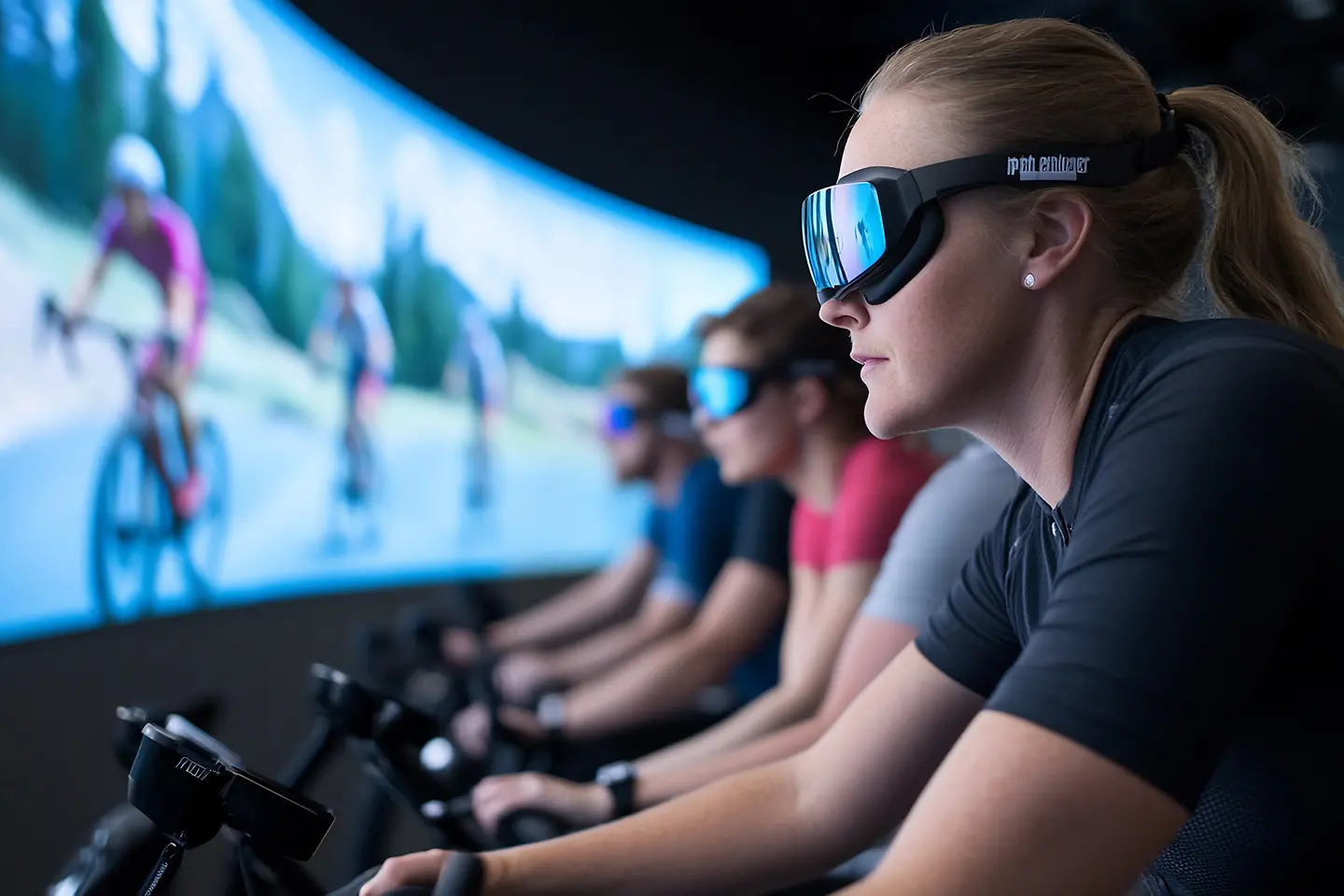 Auf dem Bild zu sehen sind mehrere Sportlerinnen und Sportler, die auf einem Indoor-Rad trainieren. Sie tragen futuristische Brillen und blicken dabei auf eine Leinwand, wo Radfahrer auf der Straße fahren. 