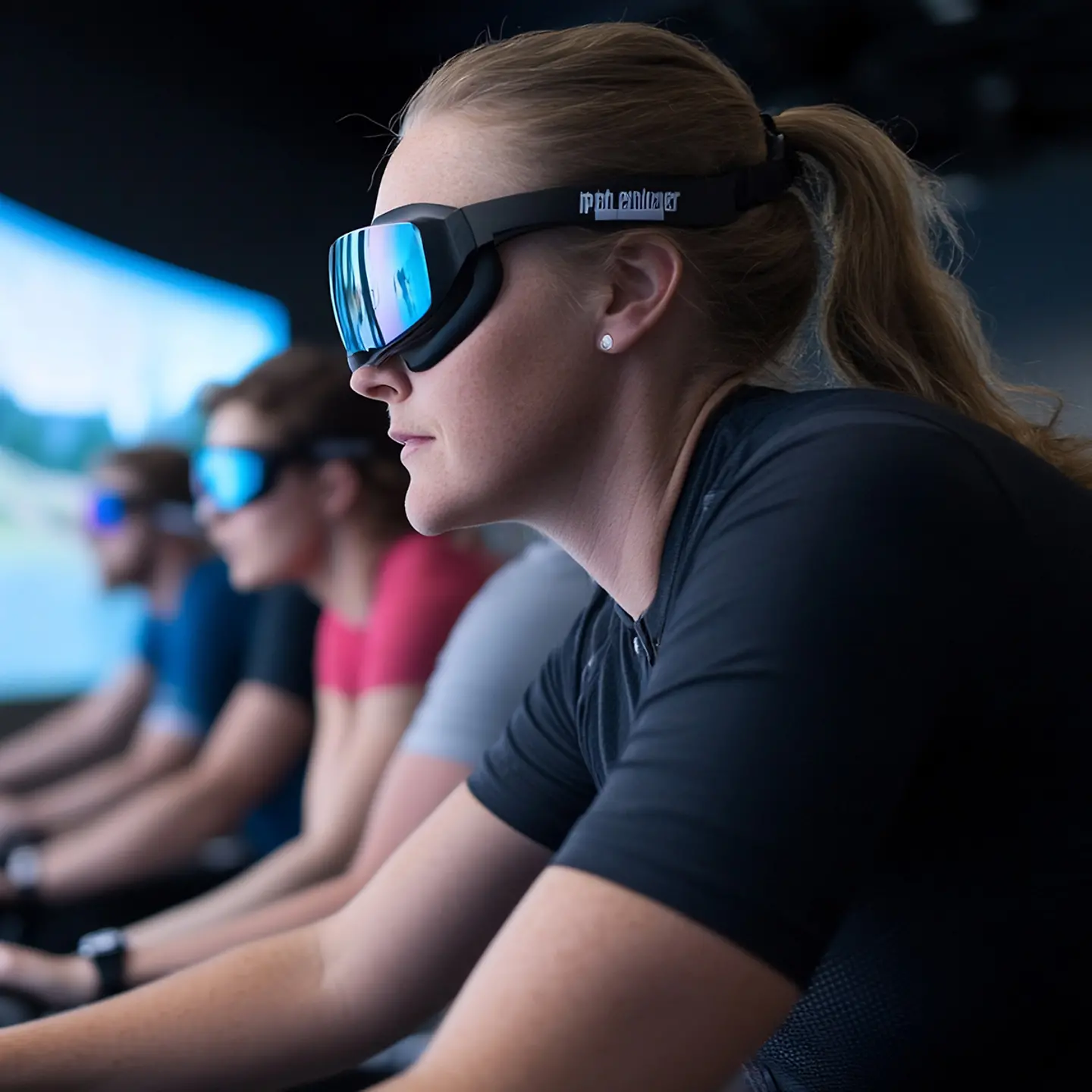 Auf dem Bild zu sehen sind mehrere Sportlerinnen und Sportler, die auf einem Indoor-Rad trainieren. Sie tragen futuristische Brillen und blicken dabei auf eine Leinwand, wo Radfahrer auf der Straße fahren. 