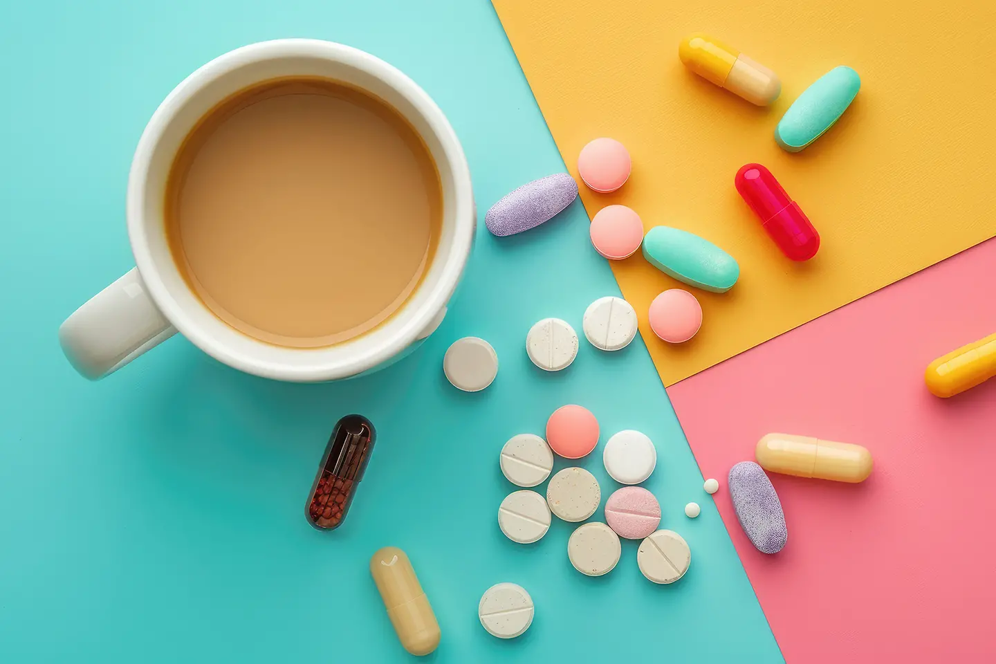 Auf diesem Bild ist eine Tasse Kaffee aus der Vogelperspektive zu sehen. Der Untergrund besteht aus drei unterschiedlich Farben. Die Tasse Kaffee steht links im blauen Bereich. Um sie herum, im gelben, rosafarbenen und blauen Bereich liegt eine Viezahl bunter Pillen.