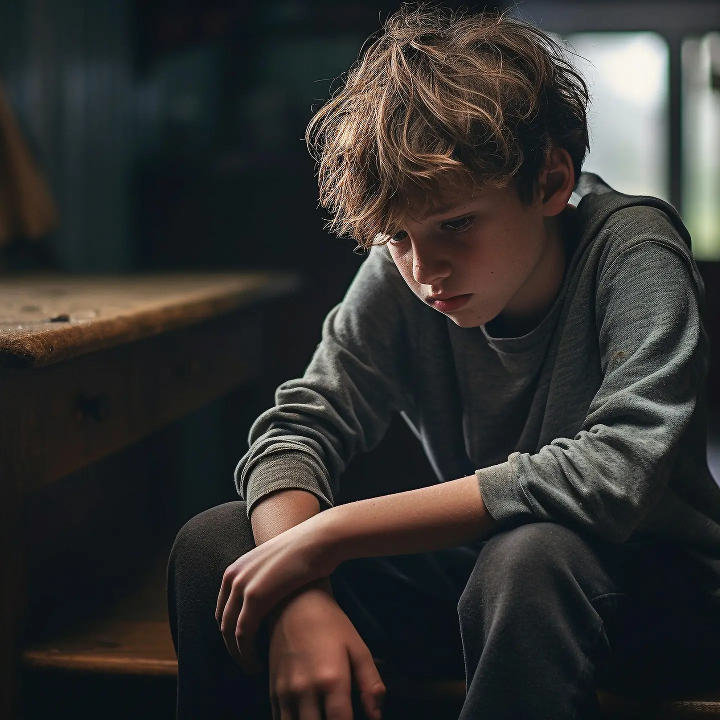 Eine Junge sitzt auf dem Boden mit traurigem Blick