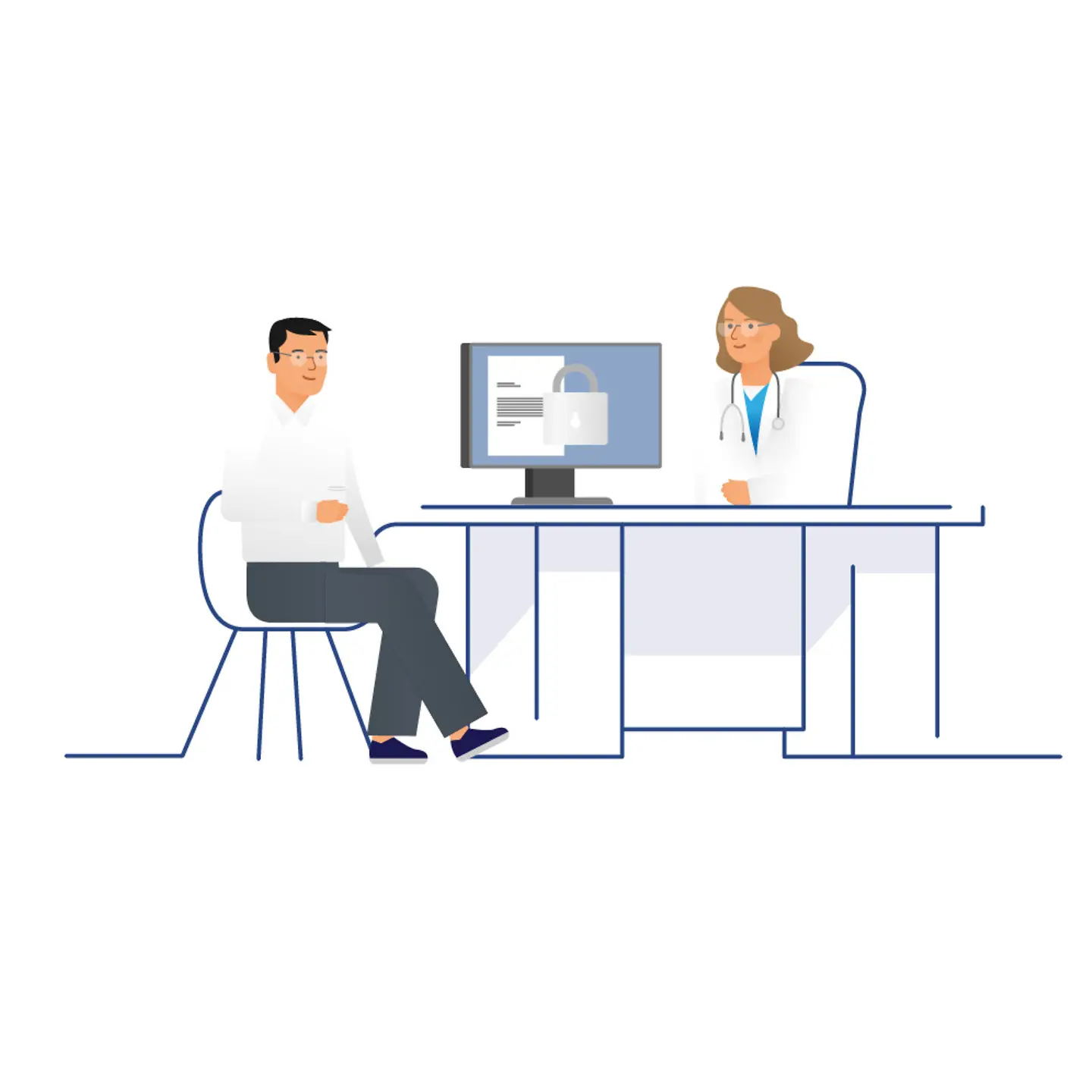 Illustration einer Ärztin mit PC und KIM-Service