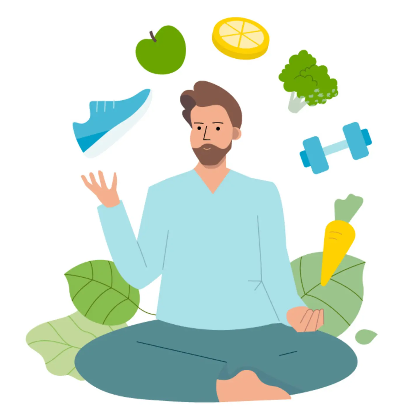 Illustration eines sitzenden Mannes, der gesunde Dinge jongliert