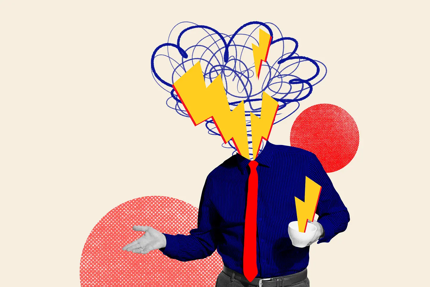 Auf dieser bunten Illustration zu sehen ist ein Mann, gekleidet in Anzugshose und mit blauem Hemd. Seine Krawatte leuchtet rot. An der Stelle, wo sein Kopf sein sollte, zucken Blitze und bilden sich Kritzelwolken, die die Reize der Umgebung symbolisieren und hier ungefiltert Eingang in seine Welt finden.