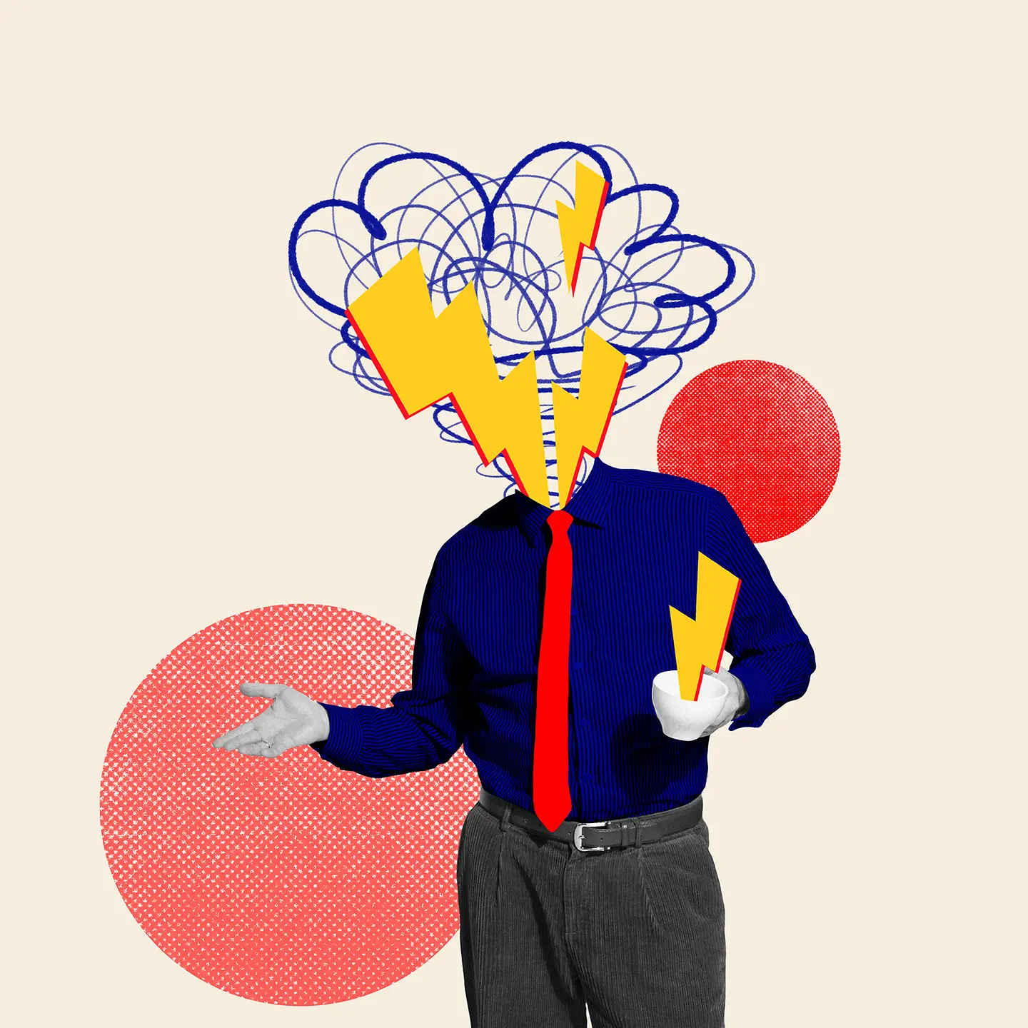 Auf dieser bunten Illustration zu sehen ist ein Mann, gekleidet in Anzugshose und mit blauem Hemd. Seine Krawatte leuchtet rot. An der Stelle, wo sein Kopf sein sollte, zucken Blitze und bilden sich Kritzelwolken, die die Reize der Umgebung symbolisieren und hier ungefiltert Eingang in seine Welt finden.