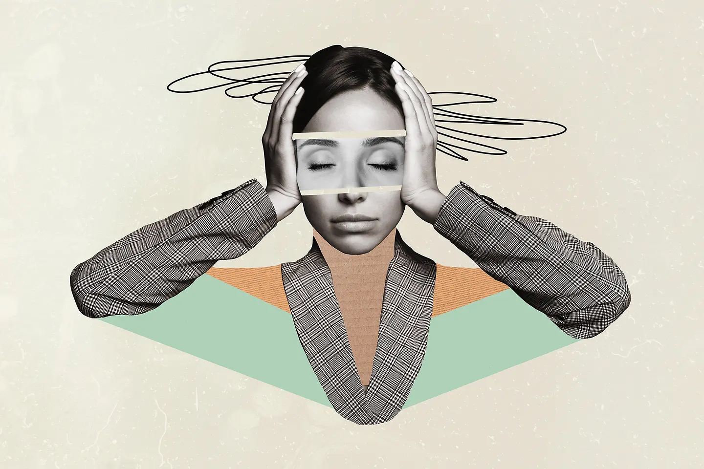 Zu sehen auf dieser Illustration ist eine Frau, die sich mit beiden Händen den Kopf hält, ihre Augen sind geschlossen. Über ihren Kopf werden durch gezeichnete Schleifen Kopfschmerzen sichtbar. 