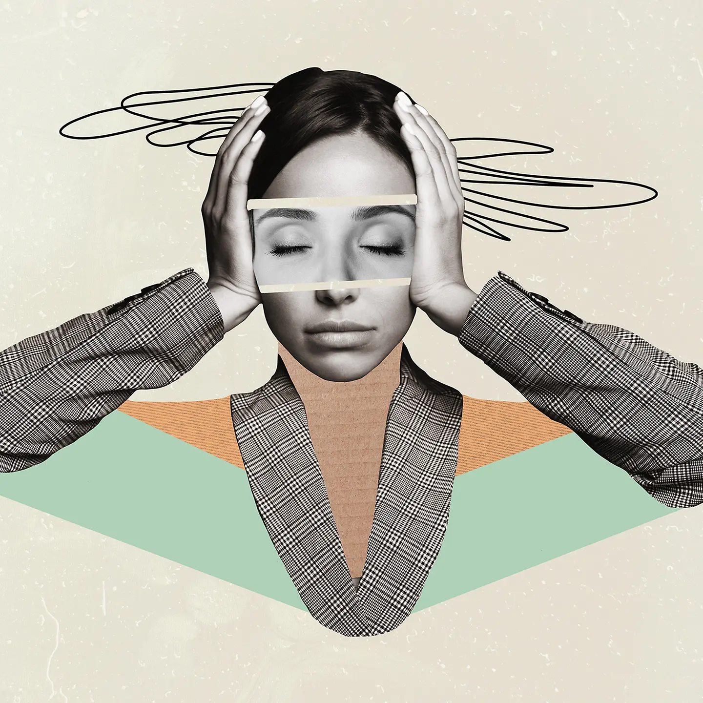 Zu sehen auf dieser Illustration ist eine Frau, die sich mit beiden Händen den Kopf hält, ihre Augen sind geschlossen. Über ihren Kopf werden durch gezeichnete Schleifen Kopfschmerzen sichtbar. 