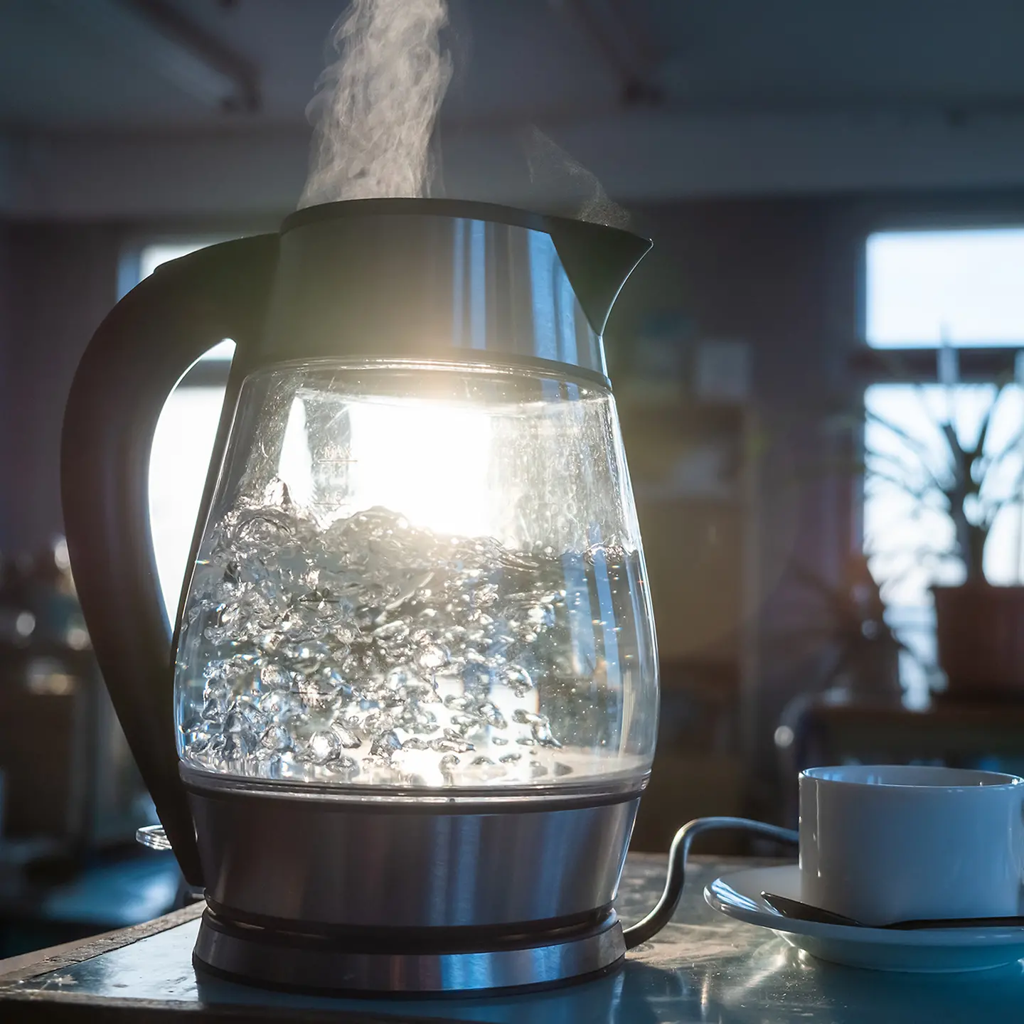 Auf diesem Bild zu sehen ist ein transparenter Wasserkocher im Gegenlicht. Die Sonne strahlt uns als Betrachter durch den Glasbehälter des Wasserkochers an. In ihm blubbern Blasen, unschwer zu erkennen, dass das Wasser kocht. 
