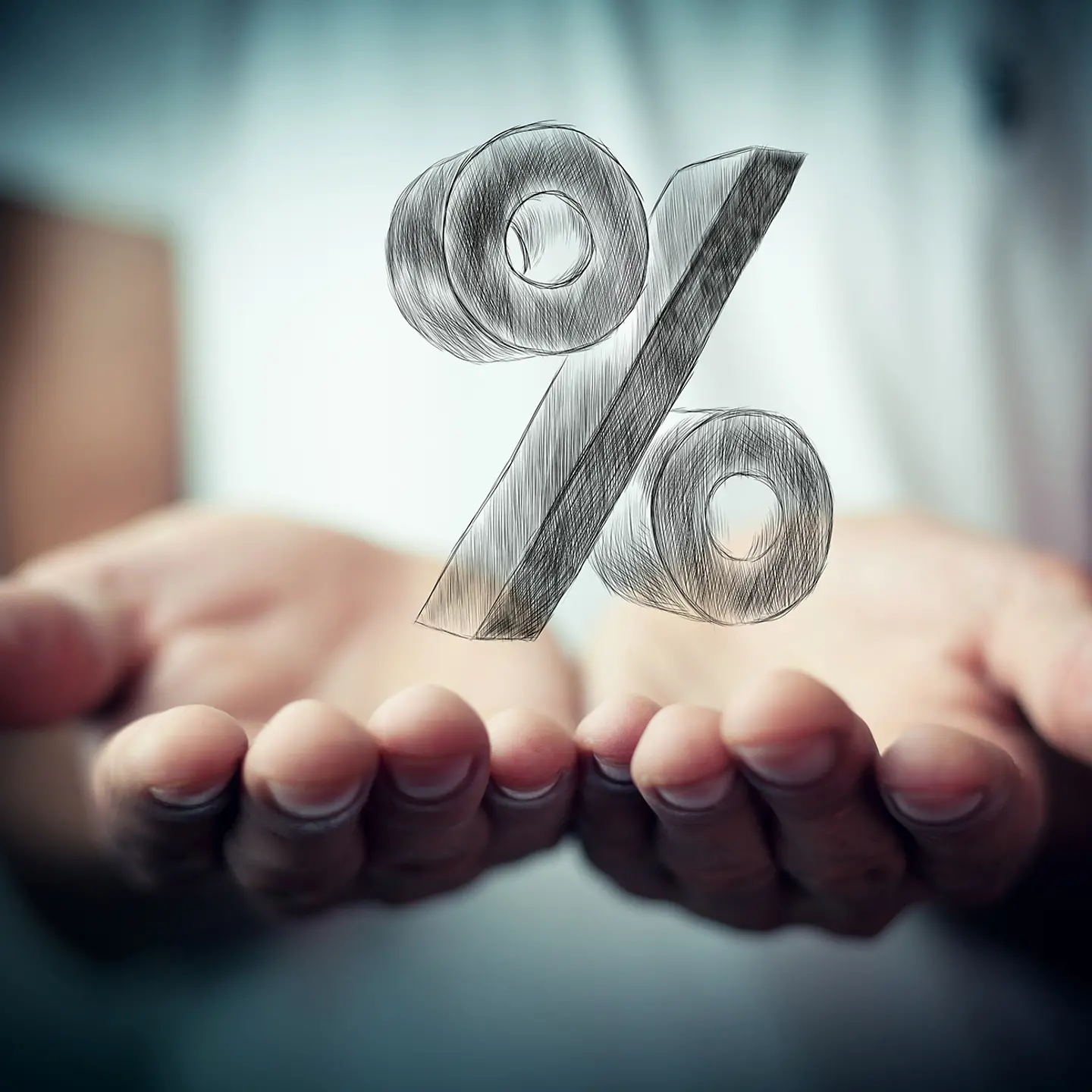 Auf diesem Bild zu sehen sind zwei geöffnet Hände, darüber schwebt ein Prozentzeichen.