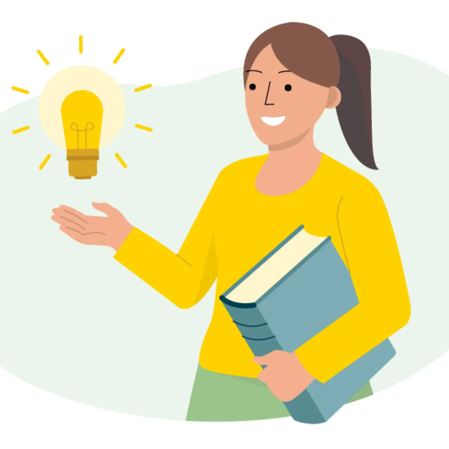 Illustration einer Frau mit Buch, die eine Glühbirne anschaut