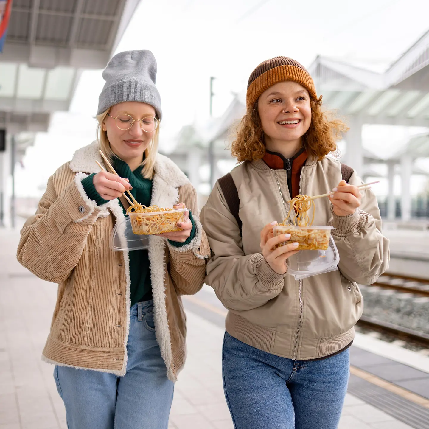 Zwei Touristinnen essen Nudeln an einem Bahnhof