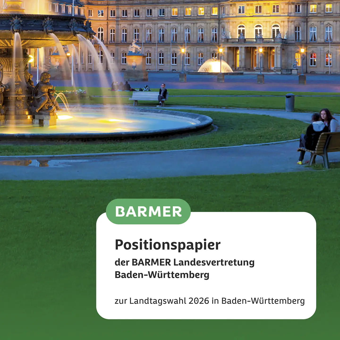 Ein Foto von einem Springbrunnen mit einem Schloss im Hintergrund. In einem Infokasten steht: Positionspapier der Barmer Landesvertretung Baden-Württemberg zur Landtagswahl 2026