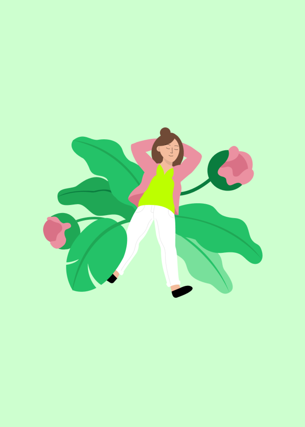 Illustration mit liegender Frau vor floralem Motiv auf grünem Grund