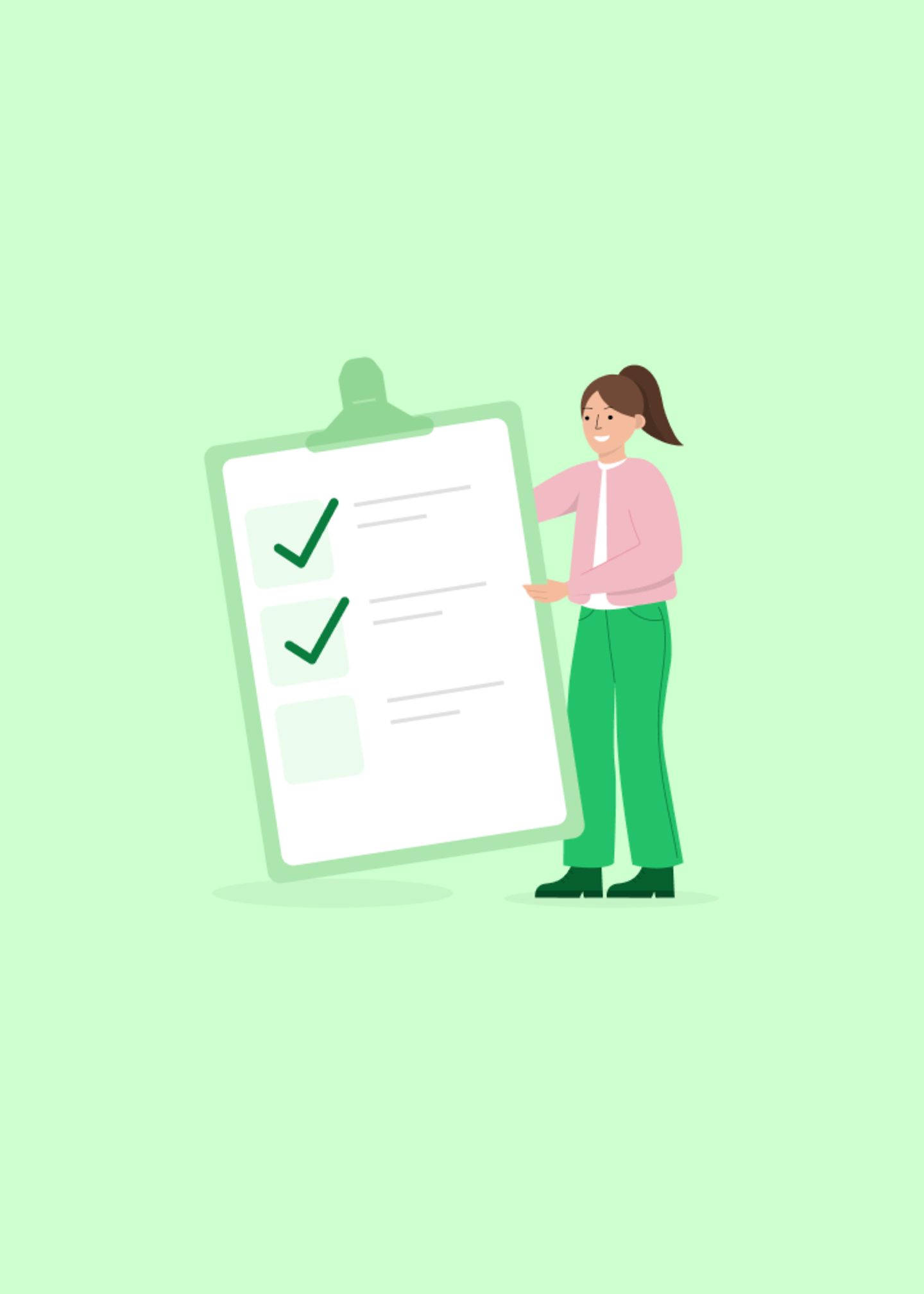 Illustration mit Person mit stilisierter Checkliste auf grünem Grund