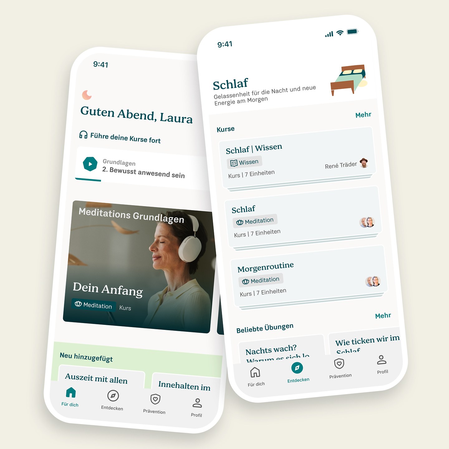 Zwei Screens aus der 7Mind-App: Begrüßungs-Bildschirm und Schlafkurs