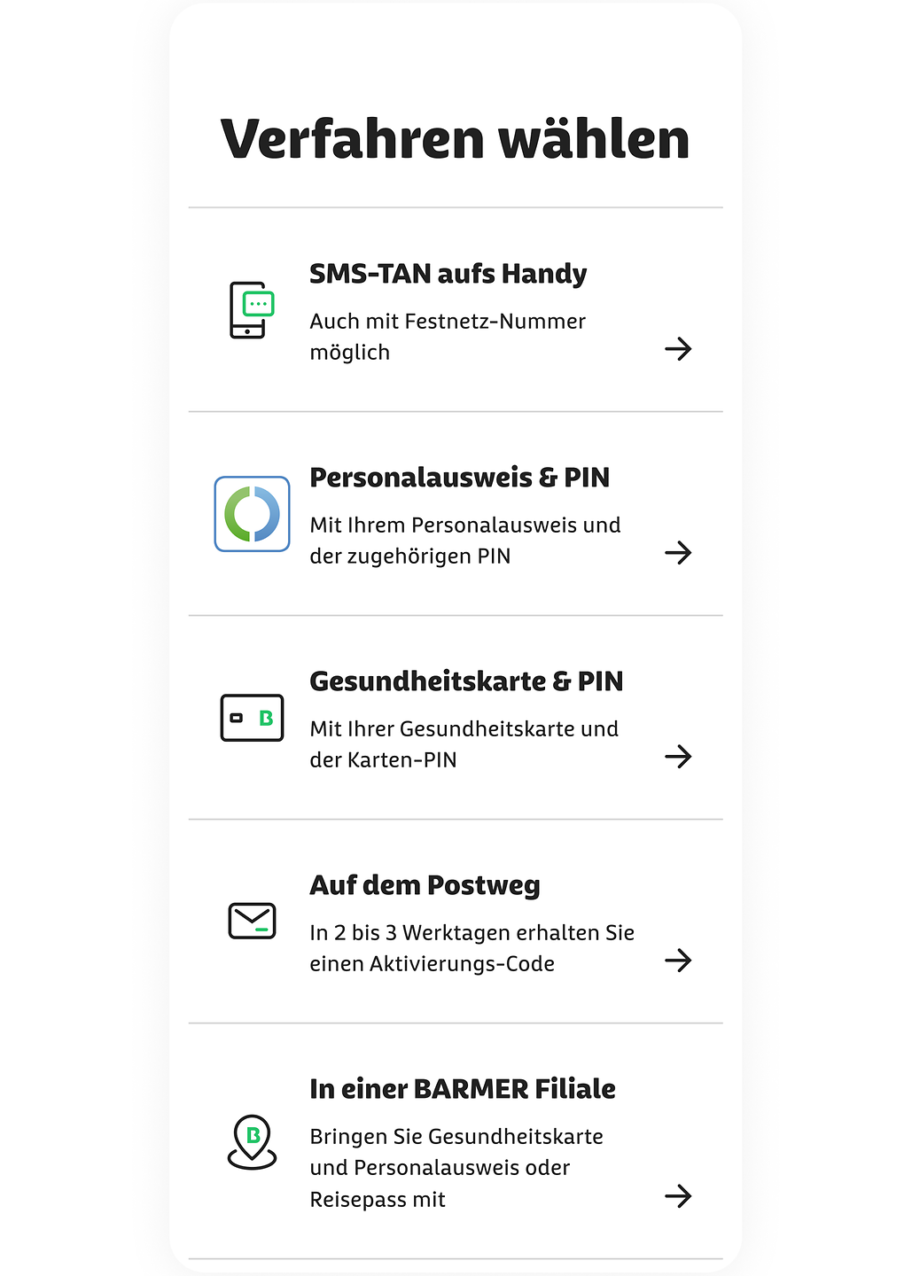 Screenshot aus der Barmer eCare mit Auswahl der Identitfizierungsverfahren
