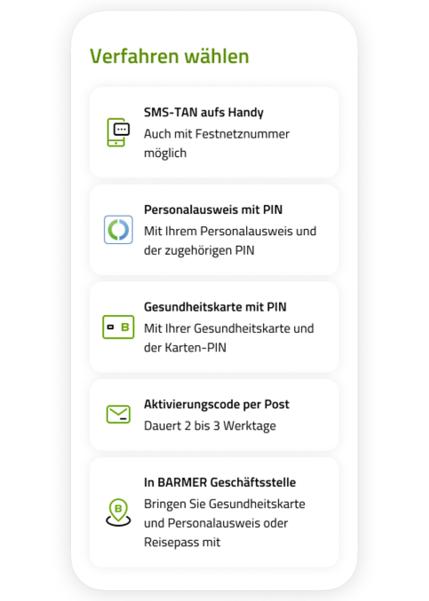 Screenshot aus der Barmer eCare mit Auswahl der Identitfizierungsverfahren