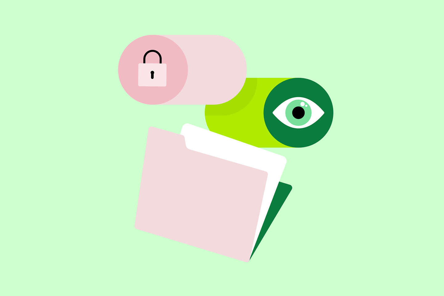 Symbolgrafik für Datenschutz: Schloss, Auge und Ordner veranschaulichen die Verwaltung von Zugriffsrechten und den Schutz sensibler Daten.