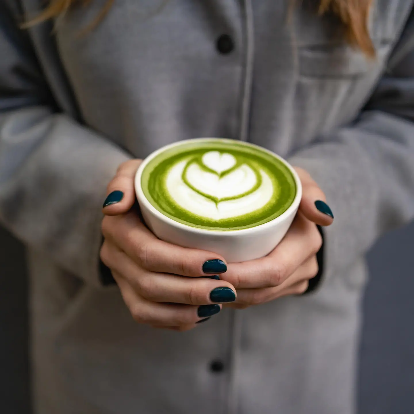 Hände einer Frau in einem grauen Mantel halten einen Matcha Latte
