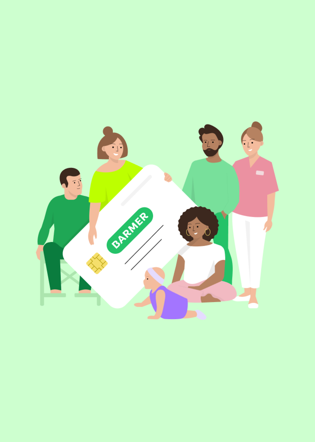 Illustration mit Menschen rund um eine stilisierte BARMER Gesundheitskarte auf grünem Grund