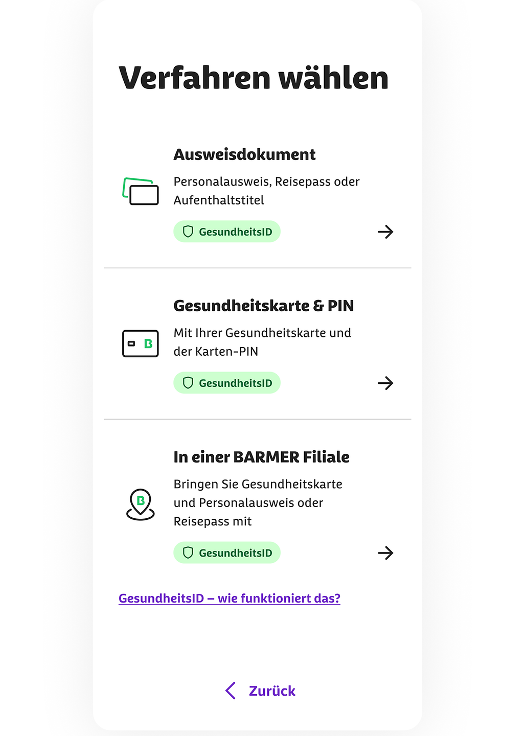 Screenshot aus der Barmer eCare mit Auswahl der Identifizierungsverfahren